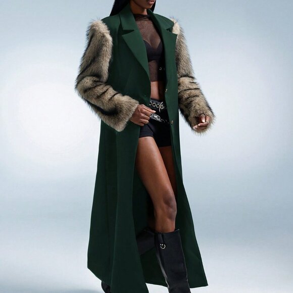 Green Elegant Women's Faux Fur Long Loose Patchwork Jacket - Picture 3 of 8